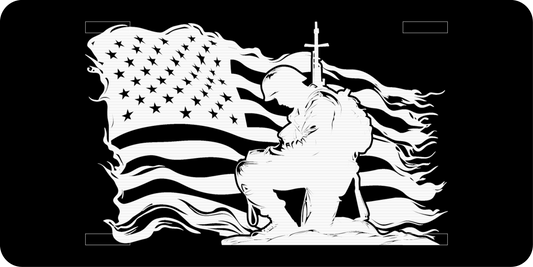 Soldier Kneeling In Front of American Flag